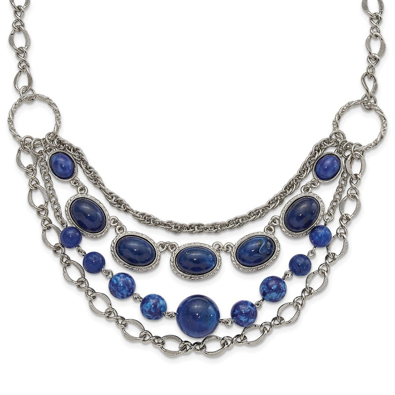 Fashion 1928 Jewelry Silver-Tone Textured Link Blue Glass Beads Graduated Four Row 16 Inch Necklace With 3 Extension