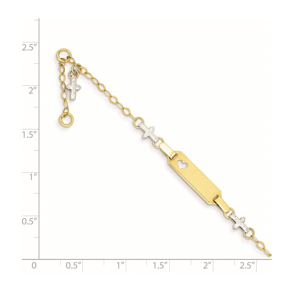 4.5 Inch 14K Two-Tone Baby Polished And Textured Cross W/1In Ext. Id Bracelet