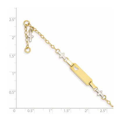 4.5 Inch 14K Two-Tone Baby Polished And Textured Cross W/1In Ext. Id Bracelet
