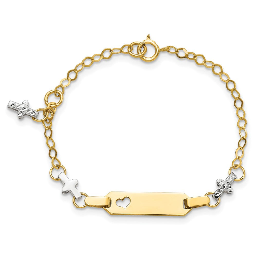 4.5 Inch 14K Two-Tone Baby Polished And Textured Cross W/1In Ext. Id Bracelet