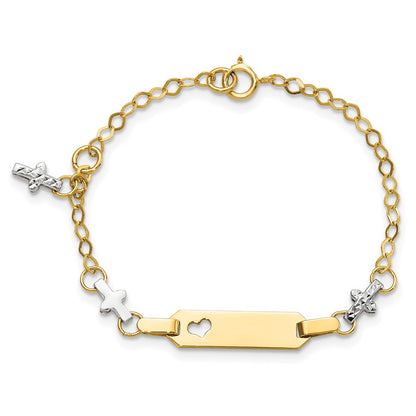 4.5 Inch 14K Two-Tone Baby Polished And Textured Cross W/1In Ext. Id Bracelet