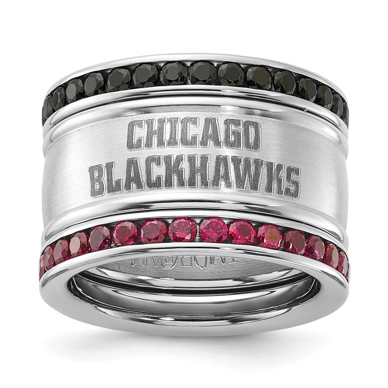 Stainless Steel Nhl Chicago Blackhawks Pink & Black Crystal Stacked Ring Set