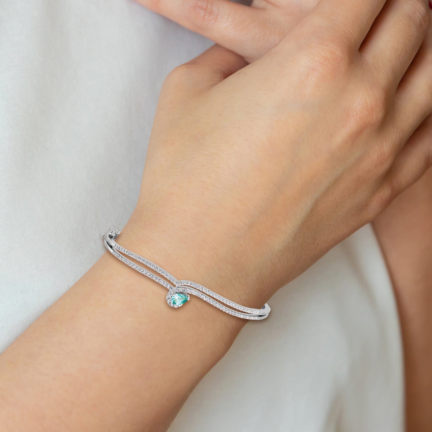 Pure Serenity 14k White Gold 3/4 Ct. Lab Grown Diamond VS/SI+ G+ and Pear Lab Created Paraiba Bangle Bracelet