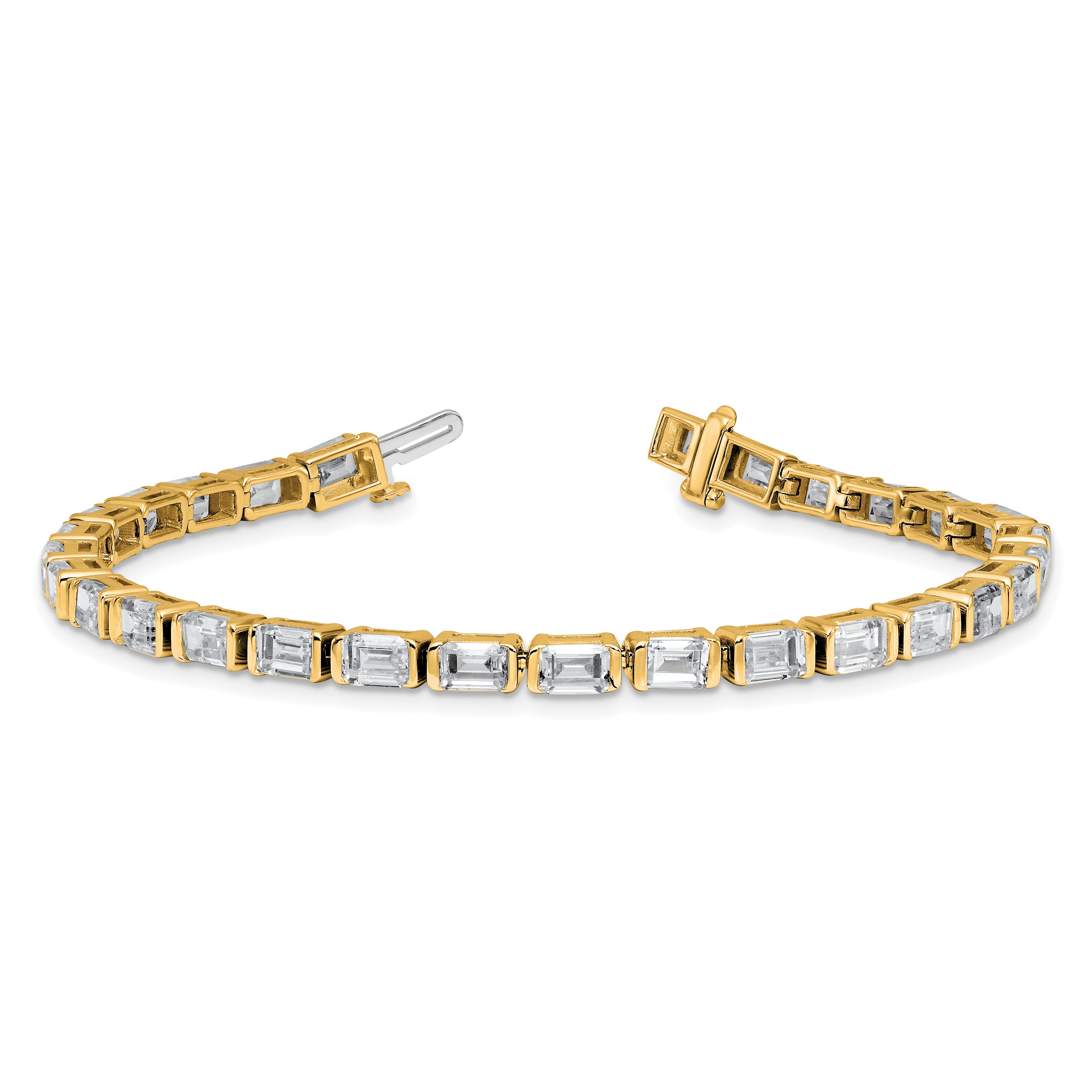 14K Yellow Gold 10 Carat Lab Grown Diamond Vs+ F+ Emerald Bezel Set Tennis Bracelet