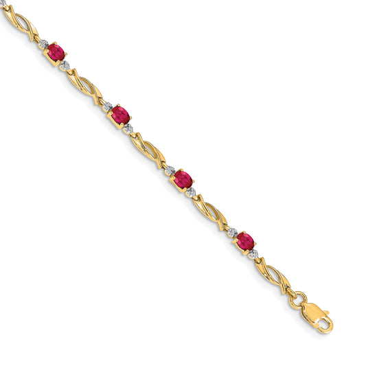 10K Yellow Gold Diamond And Oval Ruby Bracelet