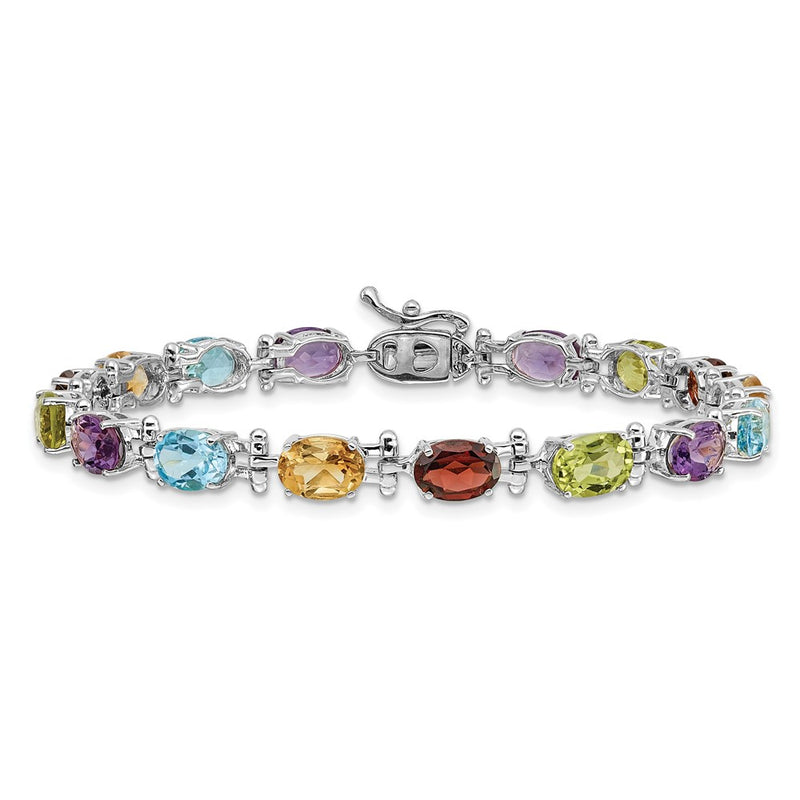 14k White Gold Alternating Rainbow Gemstone Amethyst Peridot Garnet Citrine Blue Topaz 7 inch Bracelet