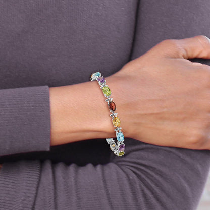 14k White Gold Alternating Rainbow Gemstone Amethyst Peridot Garnet Citrine Blue Topaz 7 inch Bracelet