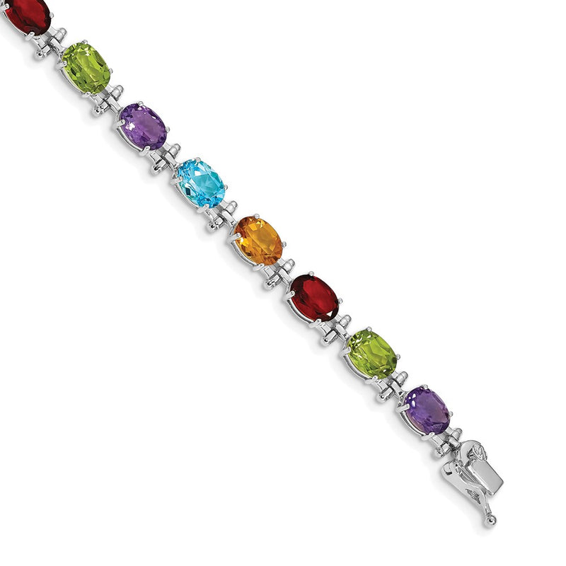14k White Gold Alternating Rainbow Gemstone Amethyst Peridot Garnet Citrine Blue Topaz 7 inch Bracelet