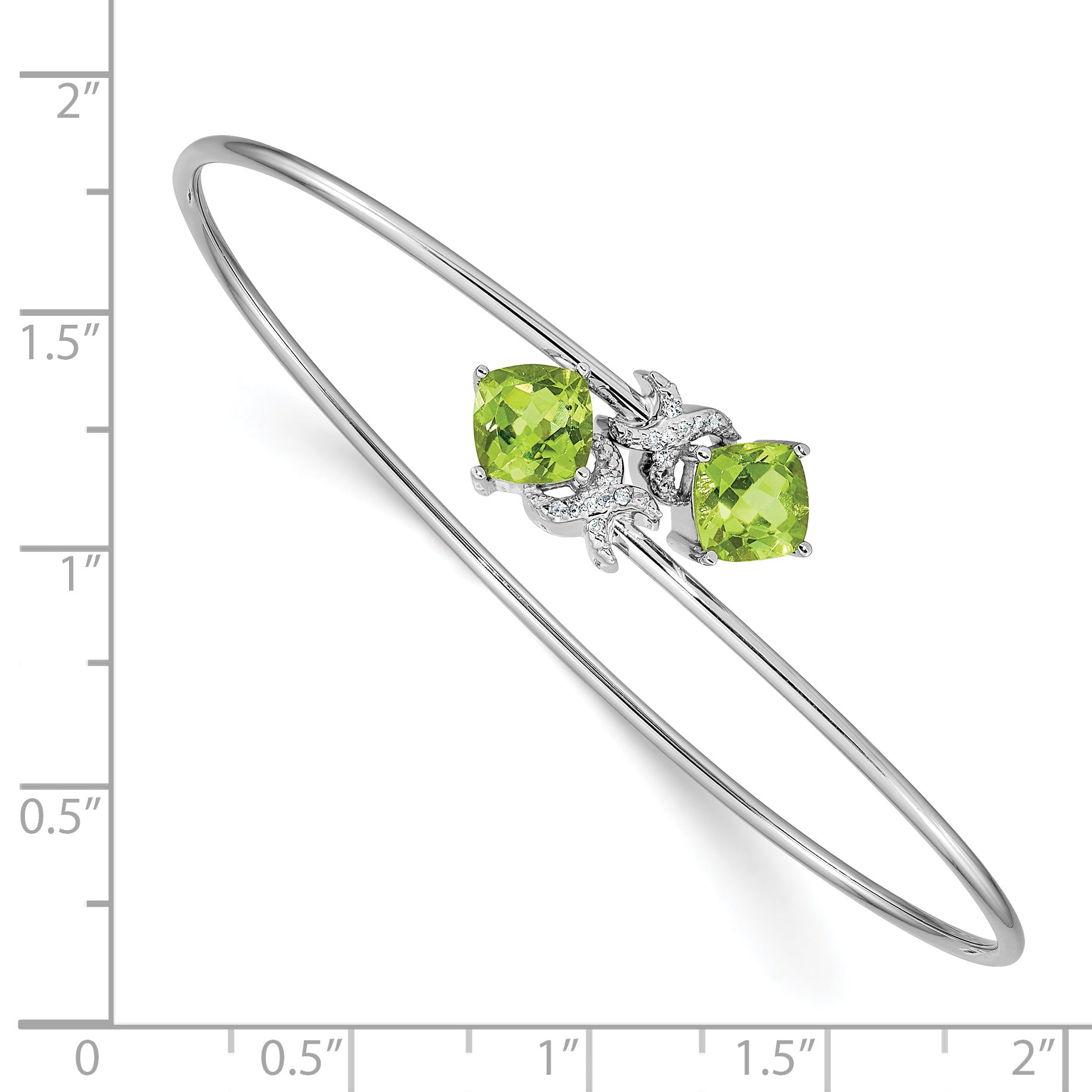 14K White Gold Complete Cushion Cut Peridot And .03 Carat Diamond Flexible Bangle Bracelet
