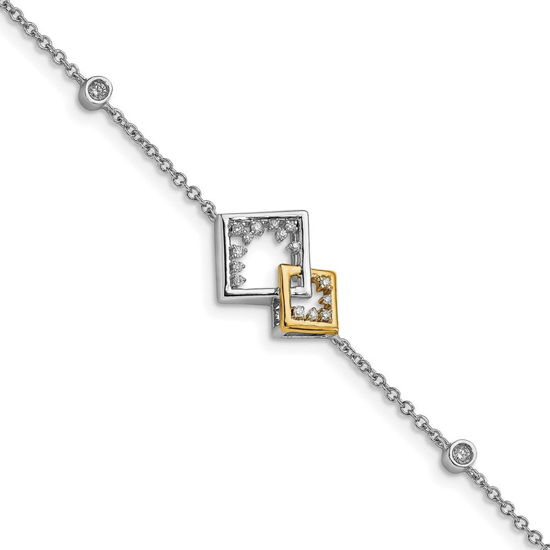 14K Two Tone Polished Double Square Diamond 7In Bracelet