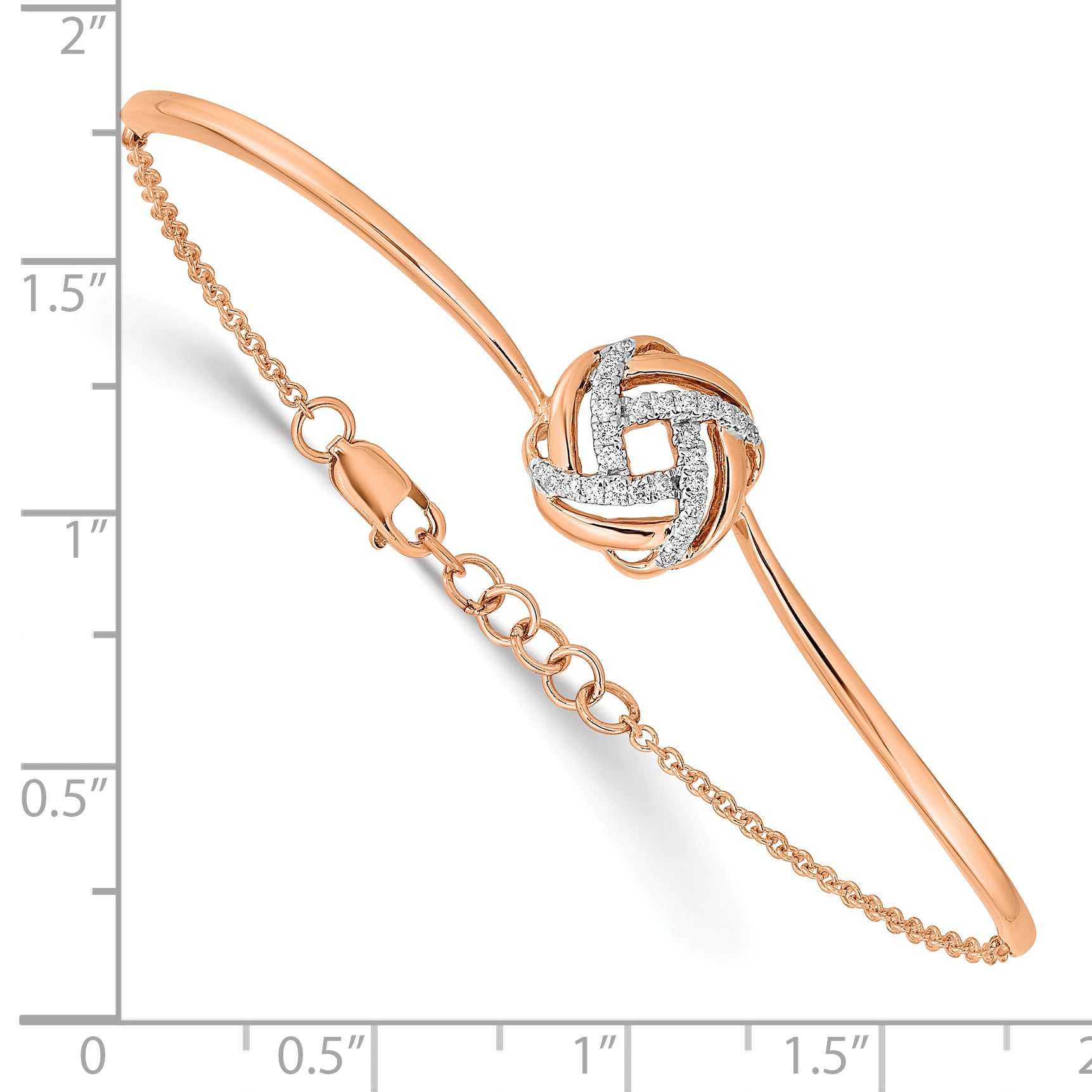 14K Rose Gold Polished Complete 1/8 Carat Diamond Love Knot Half Bangle 7 Inch Bracelet With 0.5 Extender