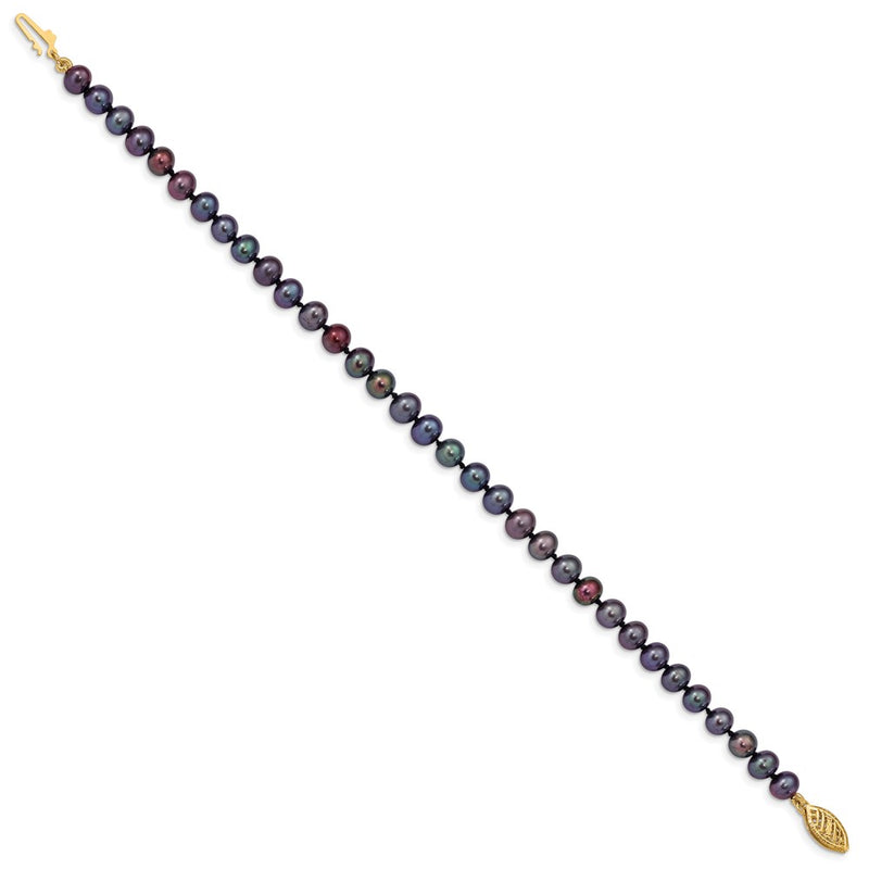 7.5 Inch 14K 5-6mm Black Near Round Freshwater Cultured Pearl Bracelet