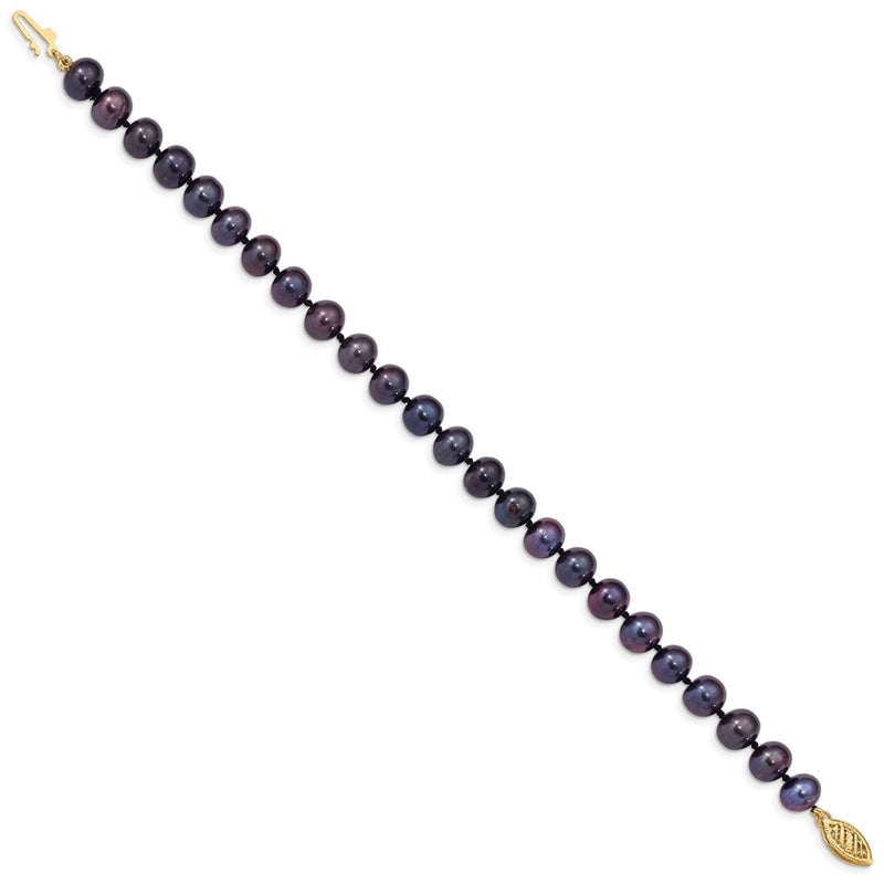 7.5 Inch 14K 7-8mm Black Near Round Freshwater Cultured Pearl Bracelet