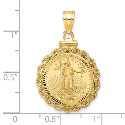 10K Yellow Gold Wideband Distinguished Coin Jewelry Polished Rope And Diamond-Cut Mounted 1/10Oz American Eagle Screw Top Bezel Pendant