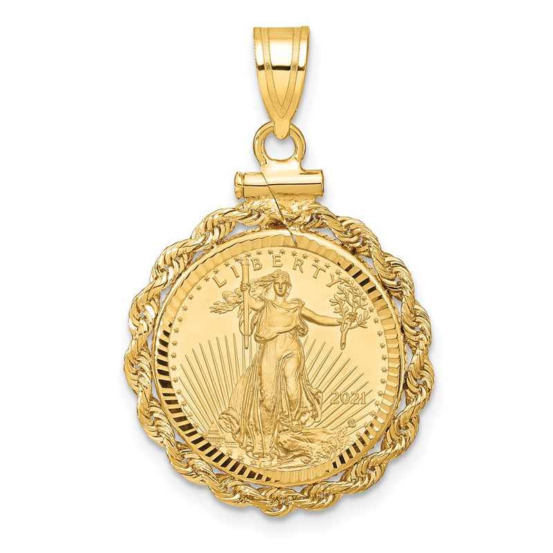 14K Yellow Gold Rope Screw Top 1/10oz Mounted American Eagle Coin D/c Bezel Pendant
