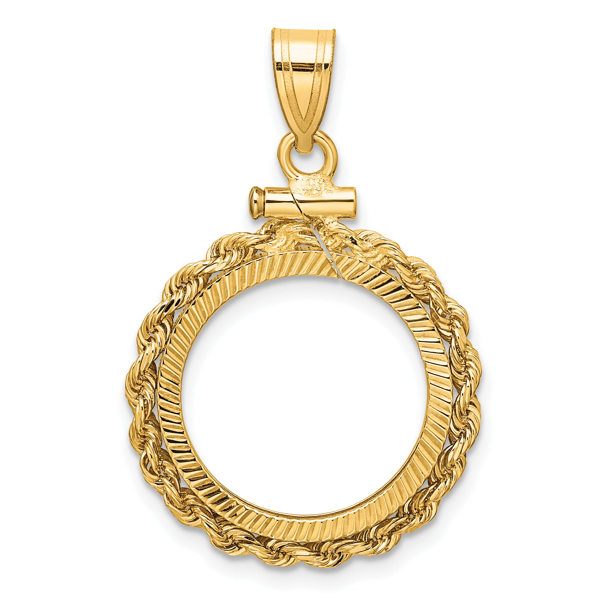 10K Yellow Gold Wideband Distinguished Coin Jewelry Polished Rope And Diamond-Cut 16.5mm X 1.35mm Screw Top Bezel Pendant