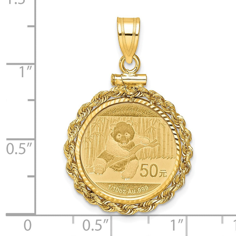 14K Yellow Gold Rope Screw Top 1/10oz Mounted Panda Coin D/c Bezel Pendant