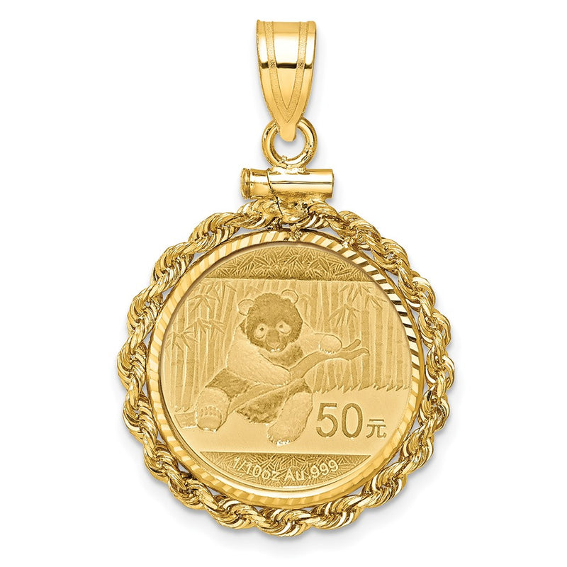 14K Yellow Gold Rope Screw Top 1/10oz Mounted Panda Coin D/c Bezel Pendant
