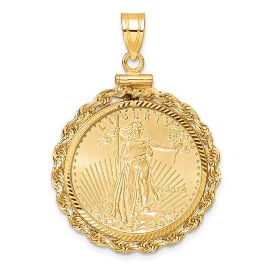 10K Yellow Gold Wideband Distinguished Coin Jewelry Polished Rope And Diamond-Cut Mounted 1/4Oz American Eagle Screw Top Bezel Pendant
