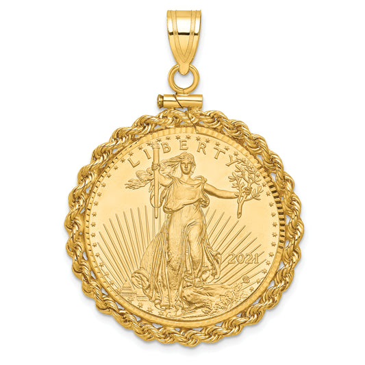 10K Yellow Gold Wideband Distinguished Coin Jewelry Polished Rope And Diamond-Cut Mounted 1/2Oz American Eagle Screw Top Bezel Pendant
