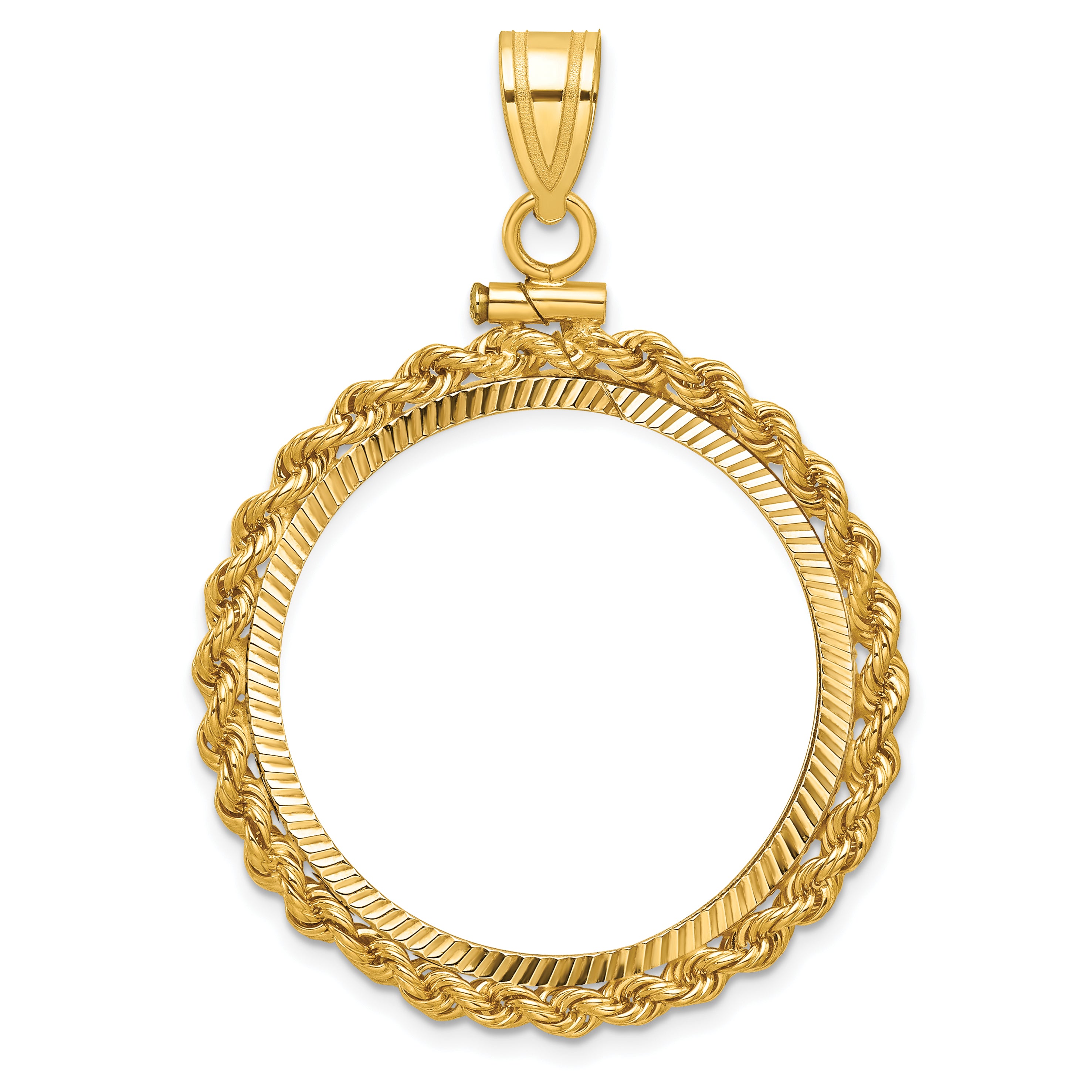 10K Yellow Gold Wideband Distinguished Coin Jewelry Polished Rope And Diamond-Cut 27.0mm X 2.35mm Screw Top Bezel Pendant