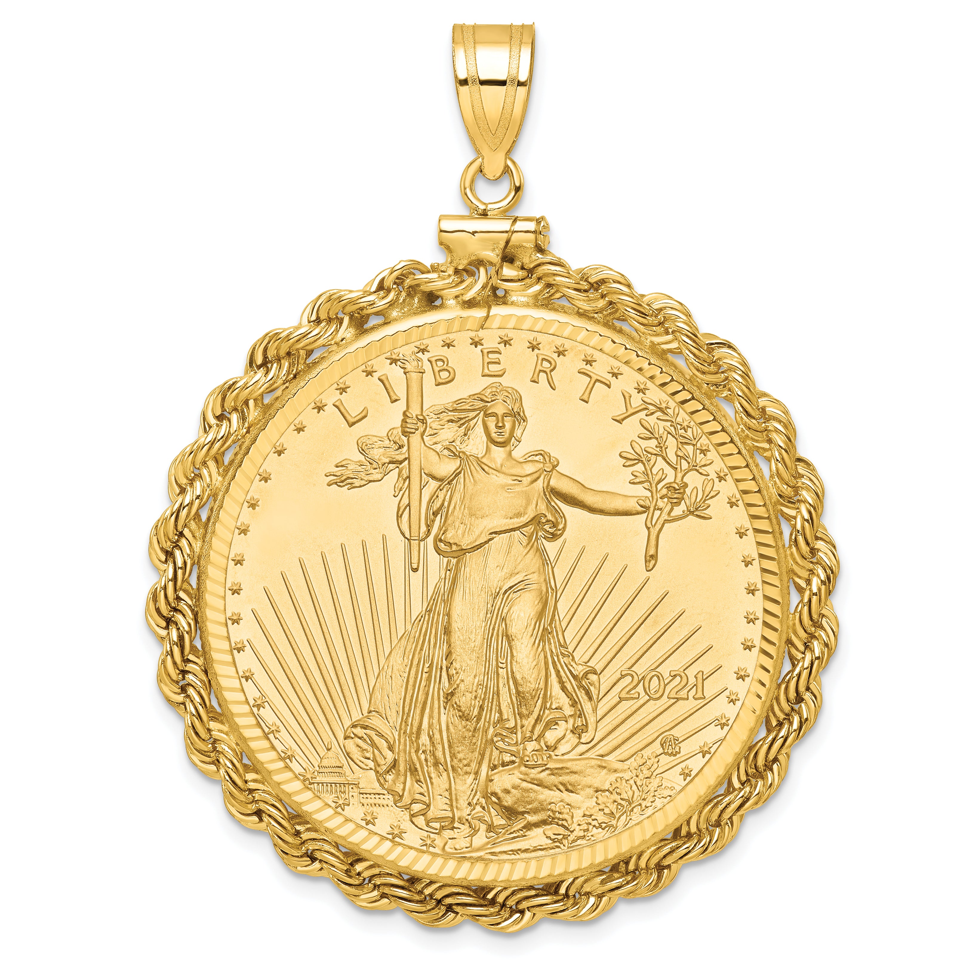 10K Yellow Gold Wideband Distinguished Coin Jewelry Polished Rope And Diamond-Cut Mounted 1Oz American Eagle Screw Top Bezel Pendant