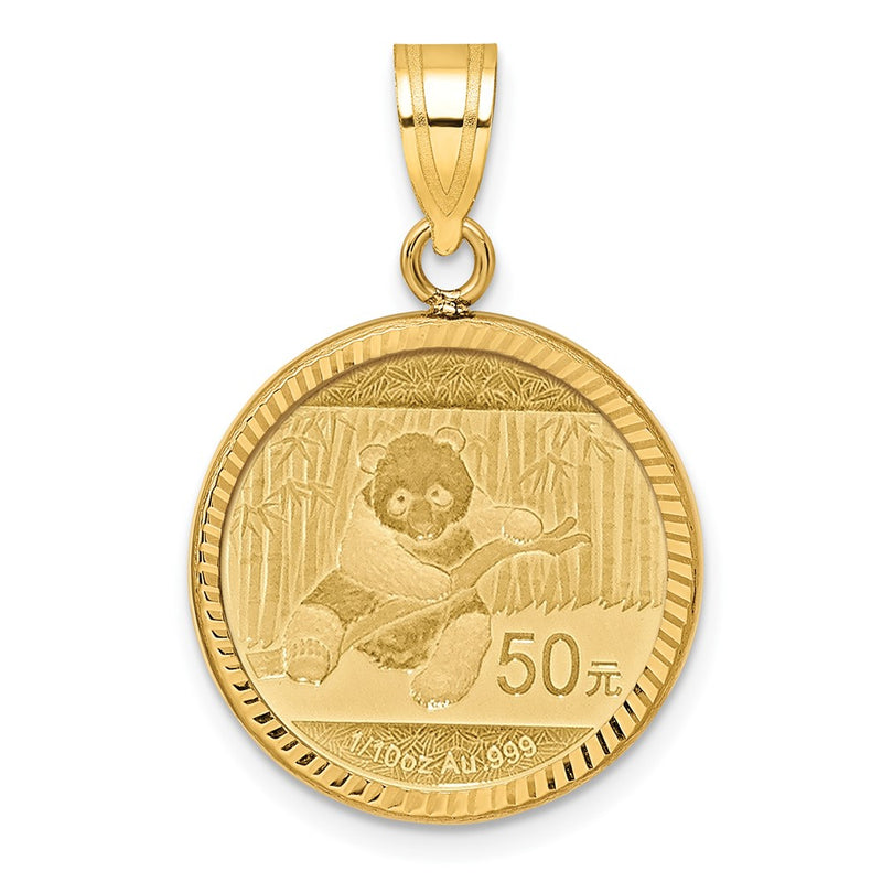 14K Yellow Gold 1/10oz Panda Mounted Coin Diamond-Cut Prong Bezel Pendant