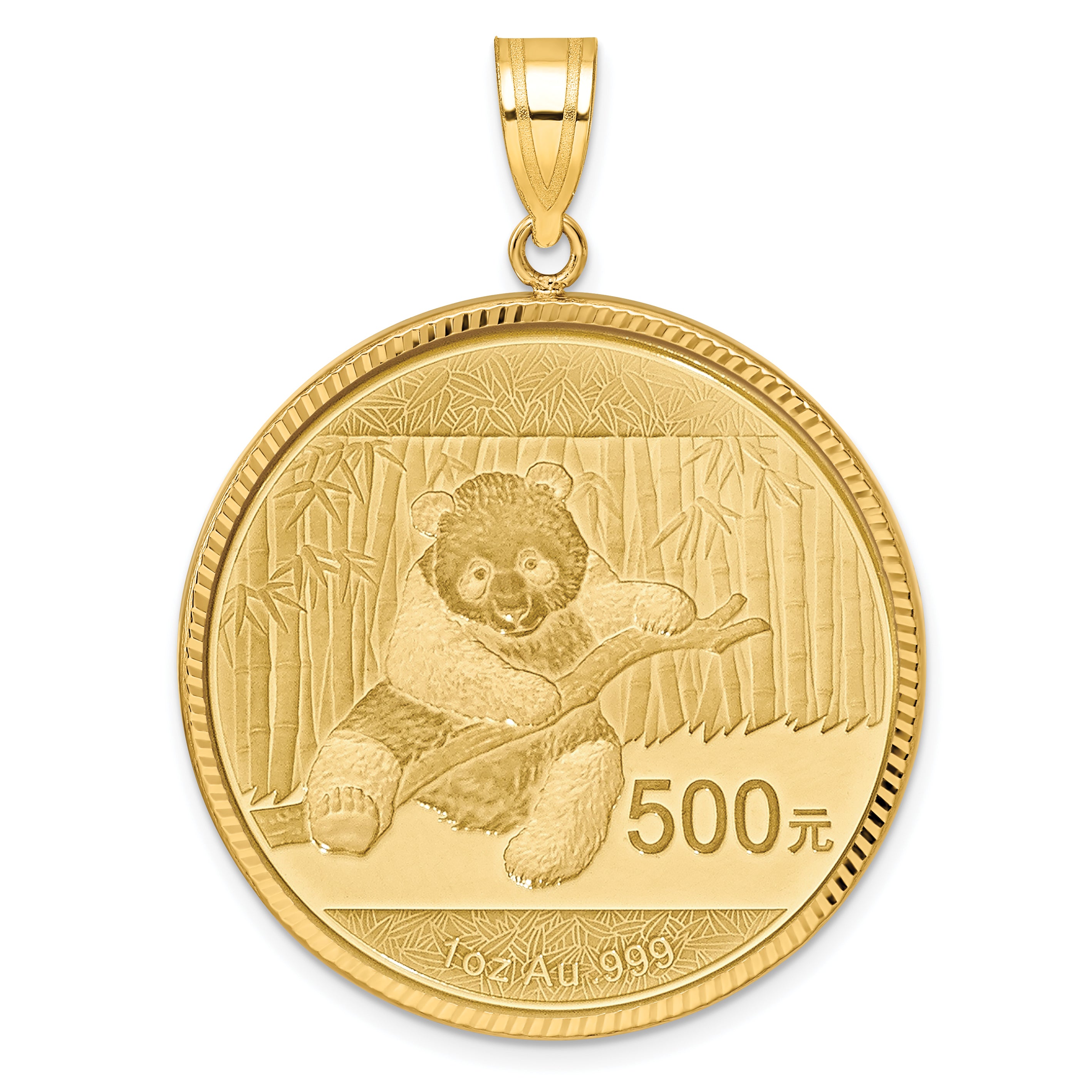 10K Yellow Gold Wideband Distinguished Coin Jewelry Polished And Diamond-Cut Mounted 1Oz Panda Prong Bezel Pendant