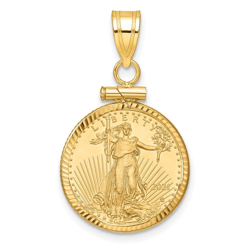 14K Yellow Gold 1/10oz Mounted American Eagle Coin Screw Top Diamond-Cut Bezel Penda