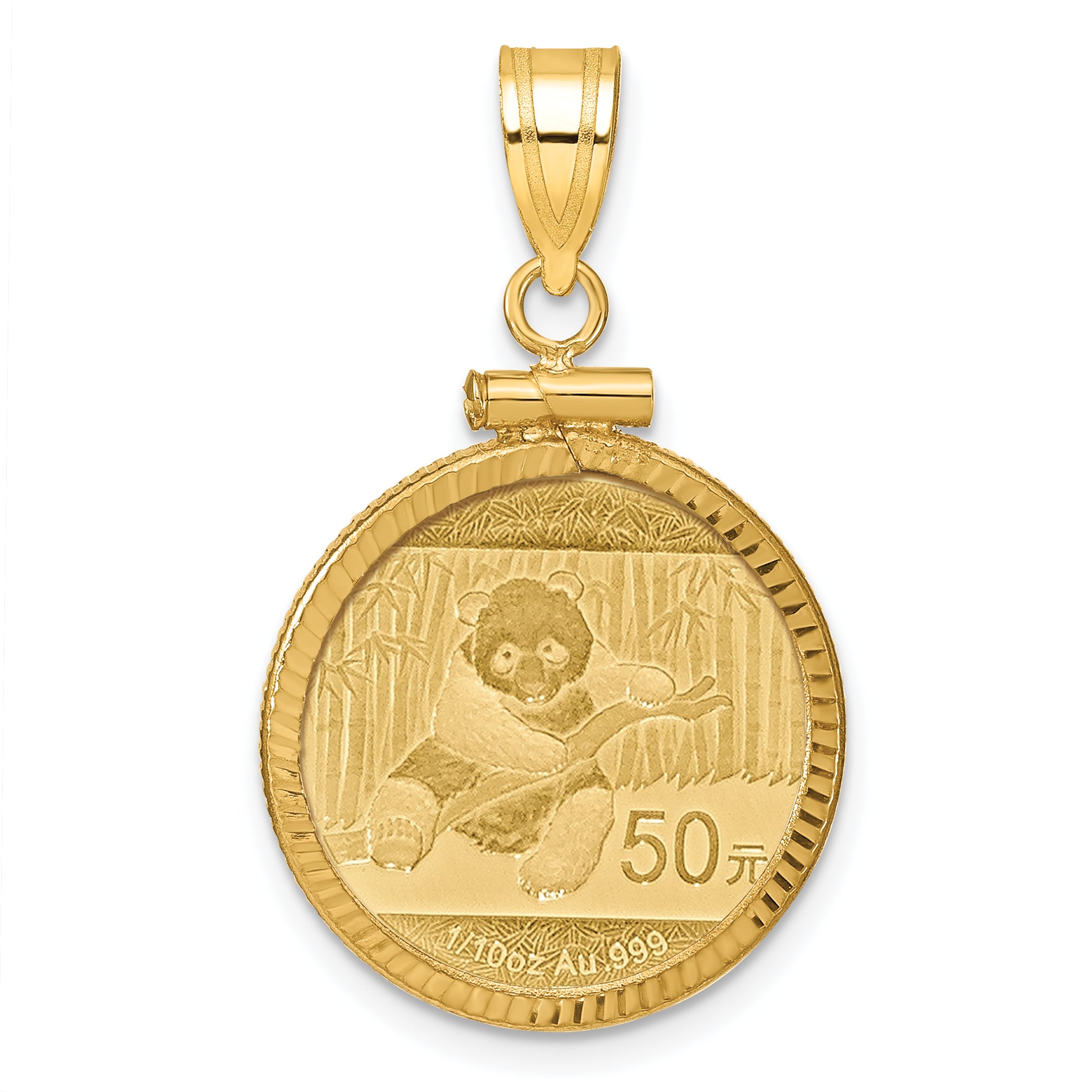10K Yellow Gold Wideband Distinguished Coin Jewelry Polished And Diamond-Cut Mounted 1/10Oz Panda Screw Top Bezel Pendant