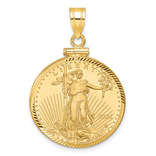 10K Yellow Gold Wideband Distinguished Coin Jewelry Polished And Diamond-Cut Mounted 1/4Oz American Eagle Screw Top Bezel Pendant