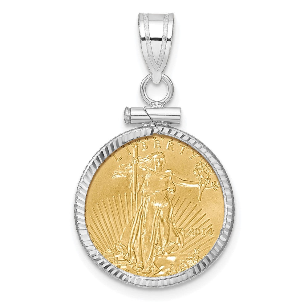 14K White Gold 1/10oz Mounted American Eagle Coin Screw Top Diamond-Cut Bezel Pendant