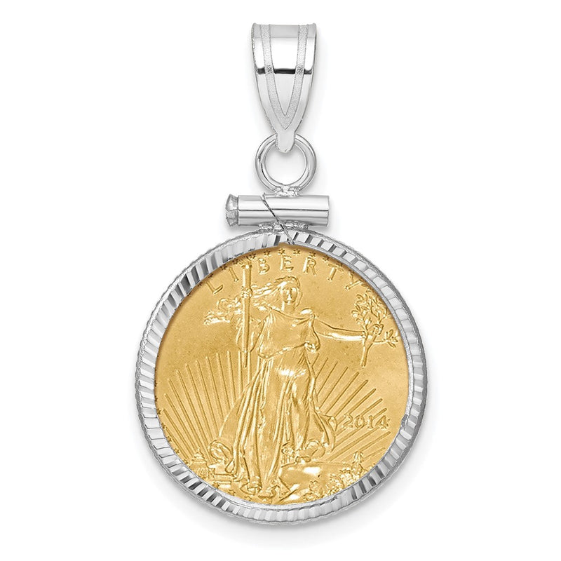 14K White Gold 1/10oz Mounted American Eagle Coin Screw Top Diamond-Cut Bezel Pendant