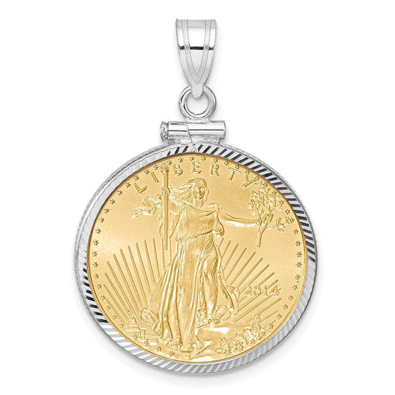 14K White Gold 1/4oz Mounted American Eagle Coin Screw Top Diamond-Cut Bezel Pendant