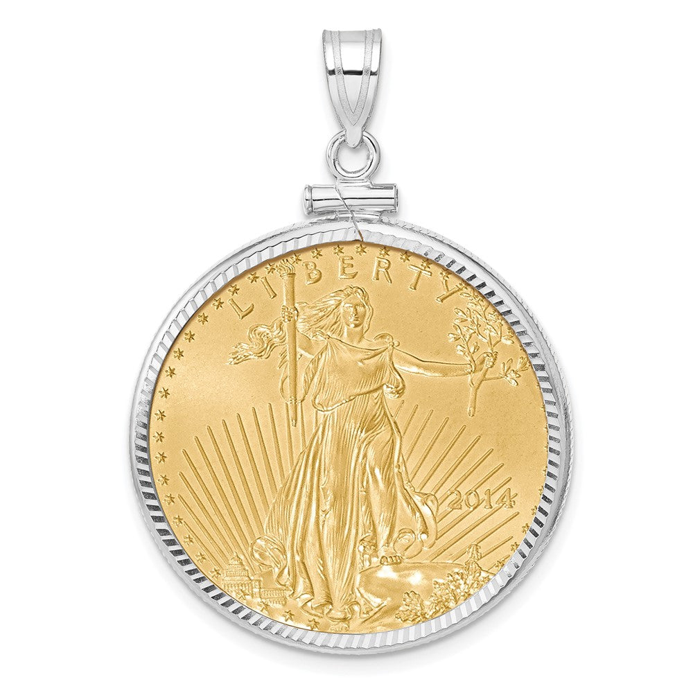 14K White Gold 1/2oz Mounted American Eagle Coin Screw Top Diamond-Cut Bezel Pendant