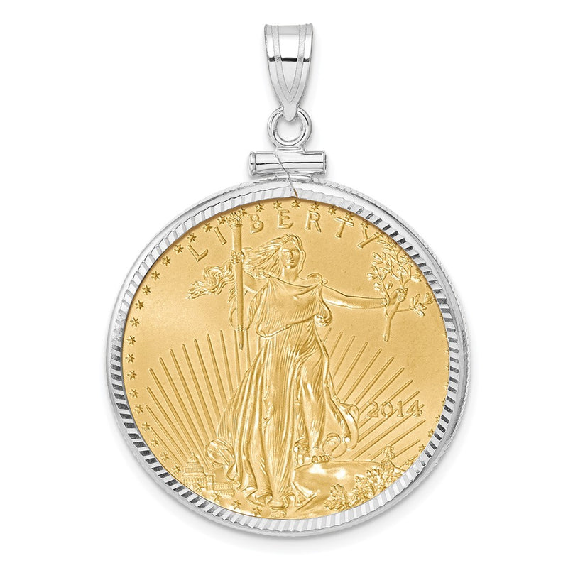 14K White Gold 1/2oz Mounted American Eagle Coin Screw Top Diamond-Cut Bezel Pendant