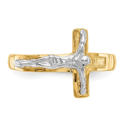 14K Two Tone Polished Diamond Cut Mens Crucifix Ring