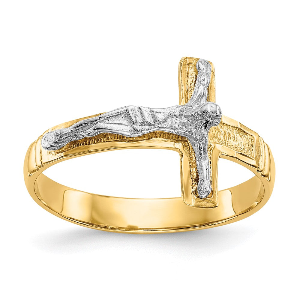 14K Two Tone Polished Diamond Cut Mens Crucifix Ring