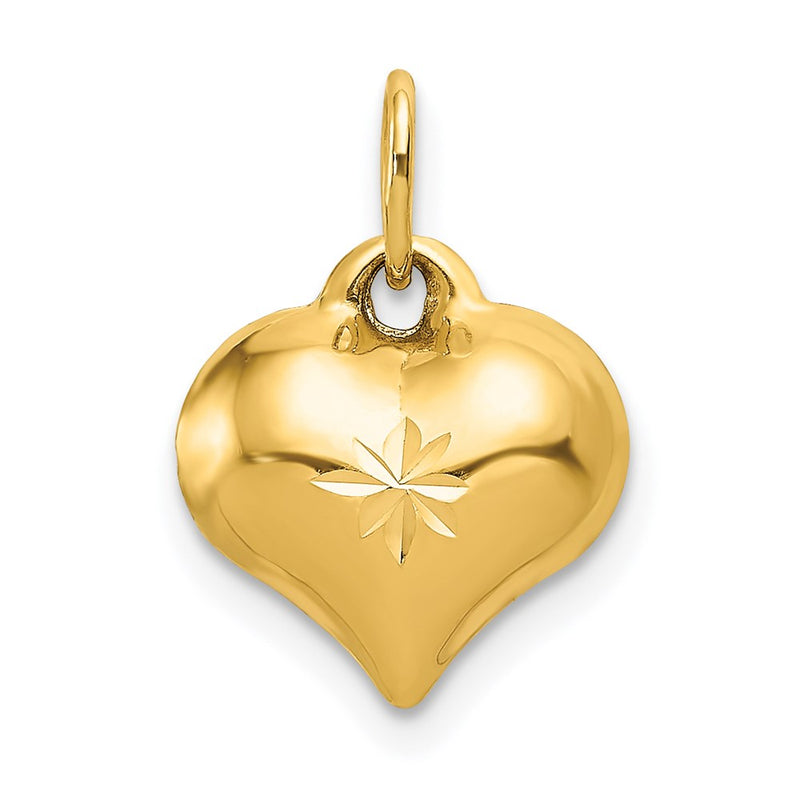 14K Yellow Gold Polished 3-D Diamond-Cut Puffed Heart Charm