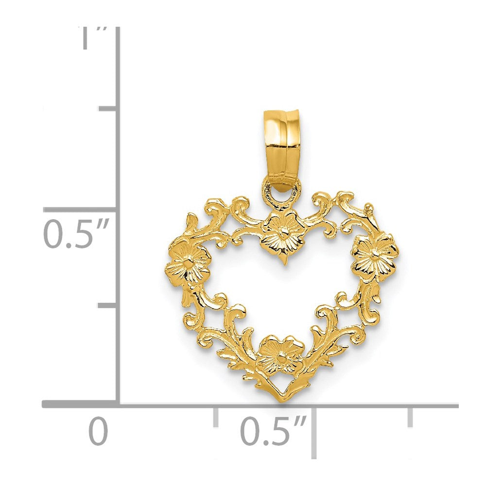 14K Yellow Gold Polished Floral Border Heart Pendant