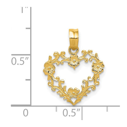 14K Yellow Gold Polished Floral Border Heart Pendant