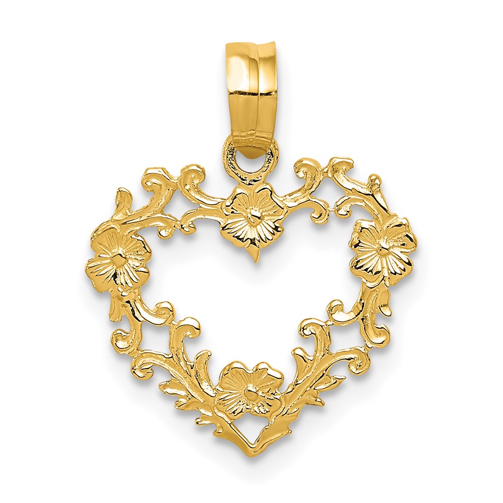 14K Yellow Gold Polished Floral Border Heart Pendant