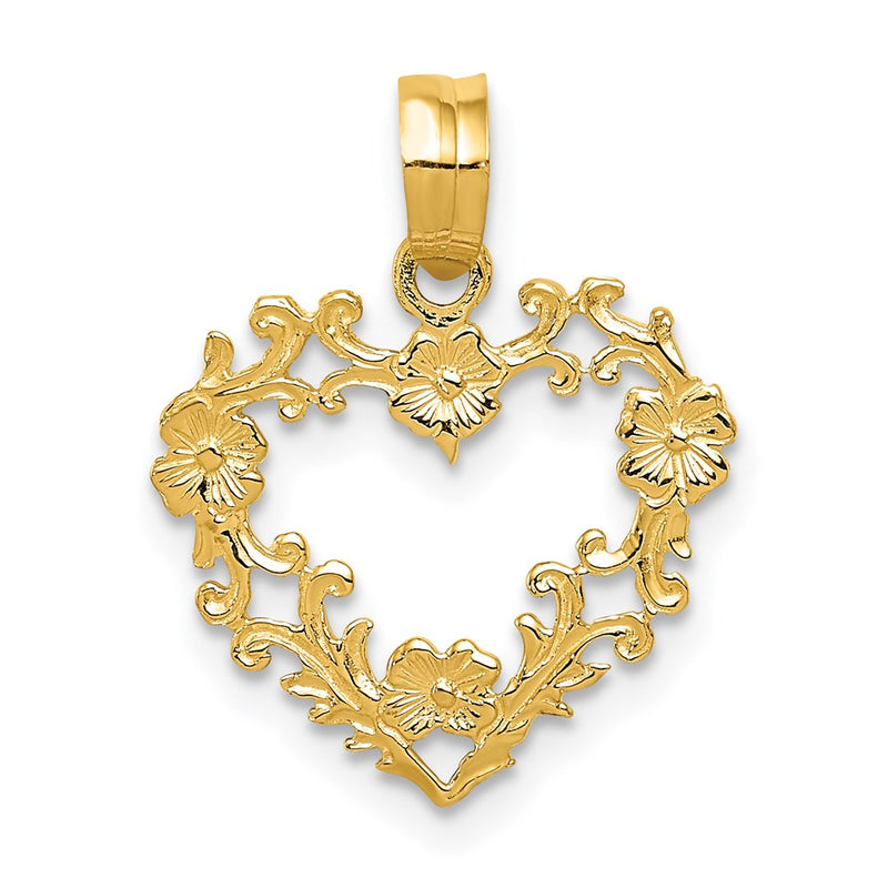 14K Yellow Gold Polished Floral Border Heart Pendant