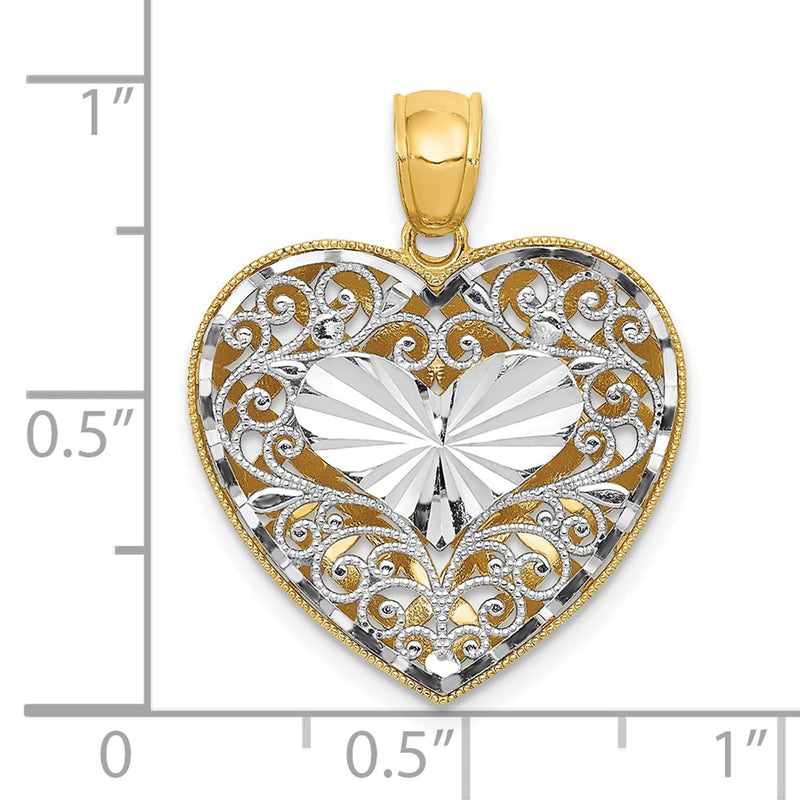 14k Two-tone Gold Polished Reversible Diamond-cut Filigree Heart Pendant