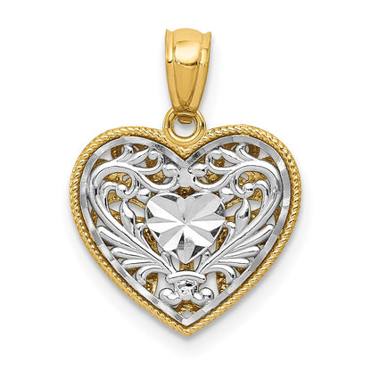 14K Two-Tone Polished Diamond-Cut Reversible Heart Pendant