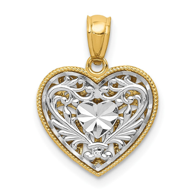 14K Two-Tone Polished Diamond-Cut Reversible Heart Pendant