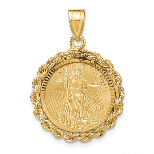 10K Yellow Gold Wideband Distinguished Coin Jewelry Polished And Diamond-Cut With Rope Edge Mounted 1/10Oz American Eagle Prong Bezel Pendant