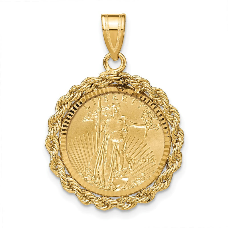 14K Yellow Gold Rope 1/10oz Mounted American Eagle Coin Prong D/c Bezel Pendant