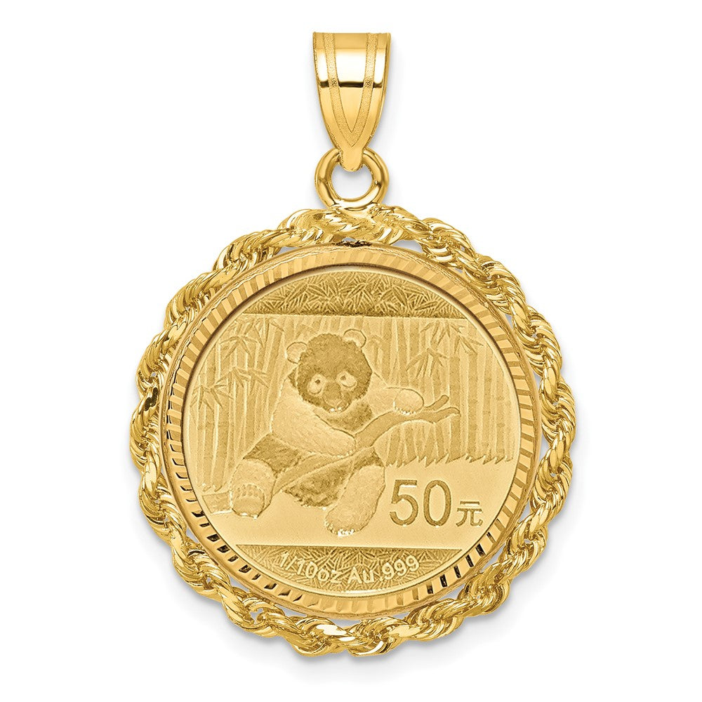 14K Yellow Gold Rope 1/10oz Mounted Panda Coin Prong D/c Bezel Pendant