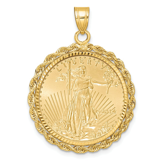 10K Yellow Gold Wideband Distinguished Coin Jewelry Polished And Diamond-Cut With Rope Edge Mounted 1/4Oz American Eagle Prong Bezel Pendant